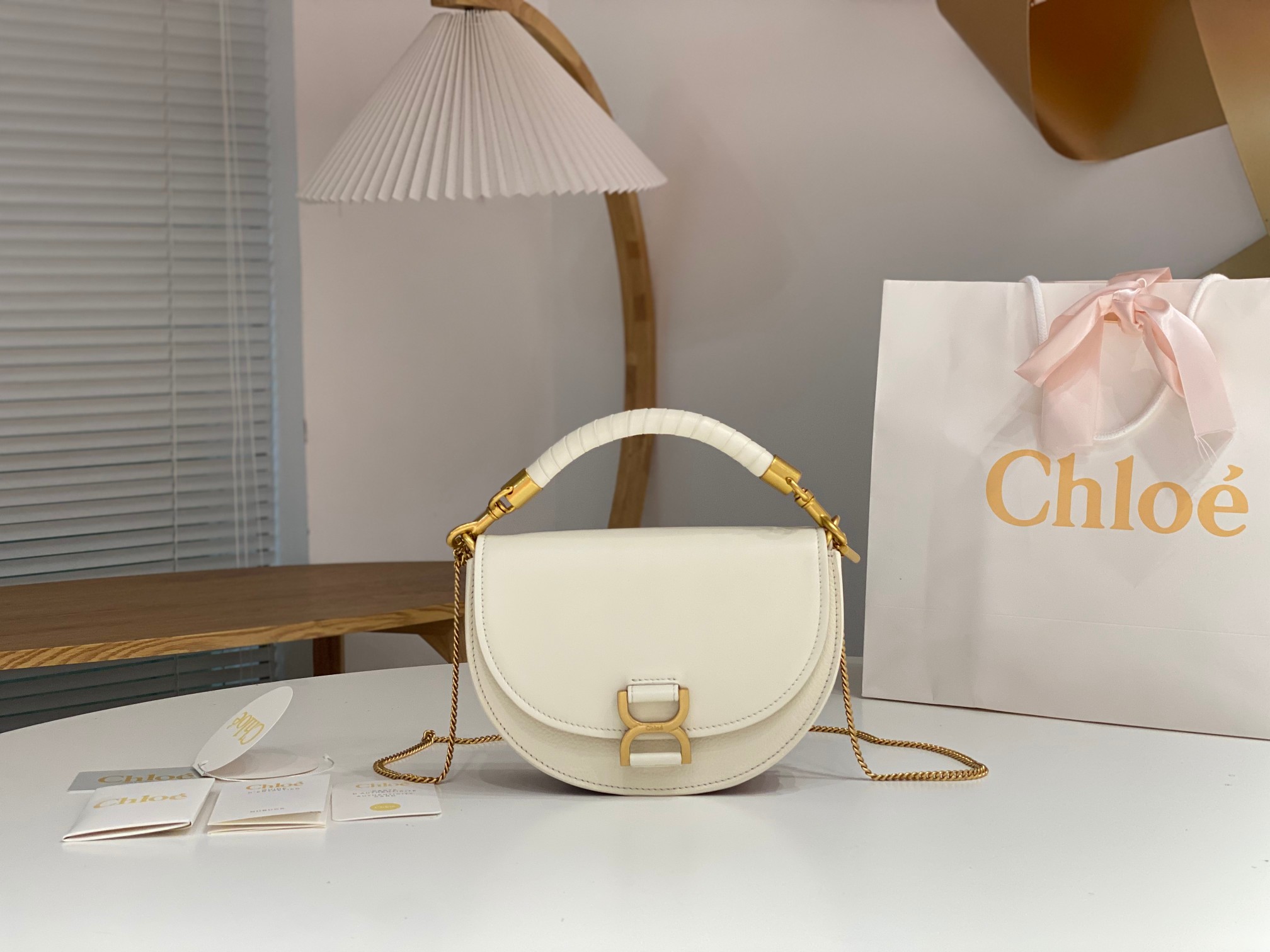 Chloe Marcie Chain Flap Bag In White Grained Leather